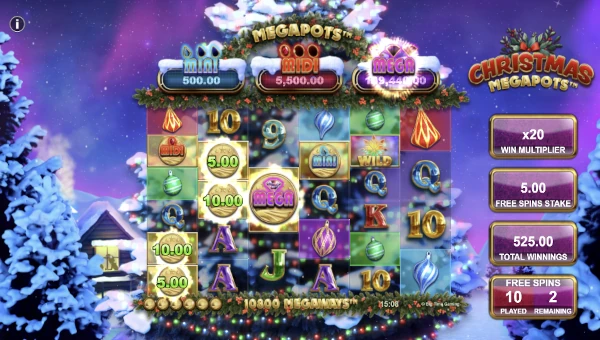Screenshot of Christmas Megapots slot demo showing reels and bonus game features