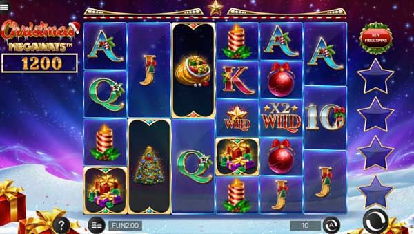 Christmas Megaways base game screenshot showing reels and features