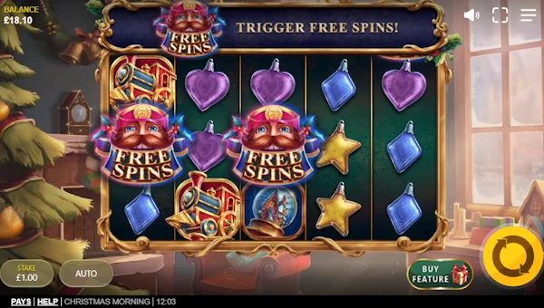 Christmas Morning base game screenshot showing reels and features