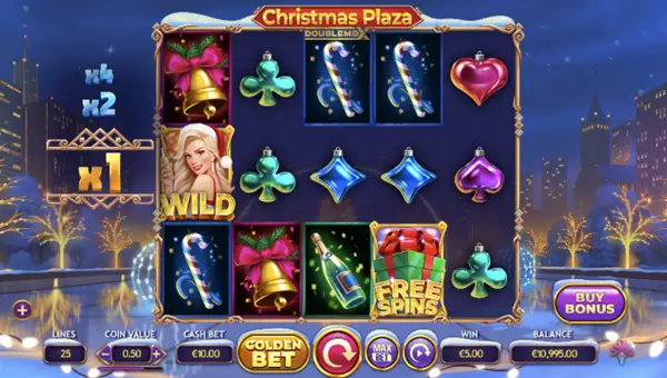 Christmas Plaza DoubleMax base game screenshot showing reels and features