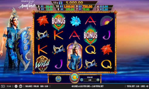 Cirque du Soleil Amaluna base game screenshot showing reels and features