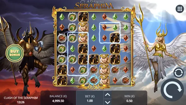 Clash of the Seraphim base game screenshot showing reels and features