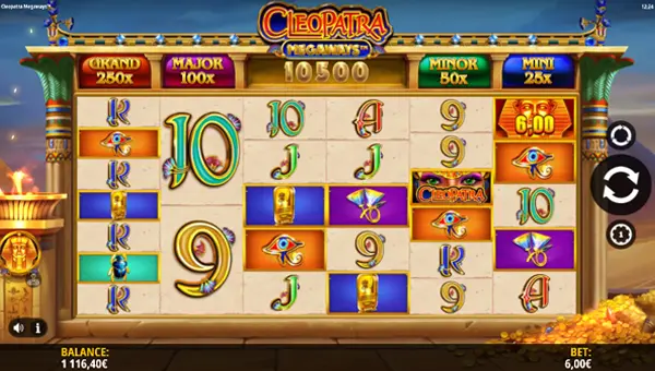Cleopatra Megaways base game screenshot showing reels and features