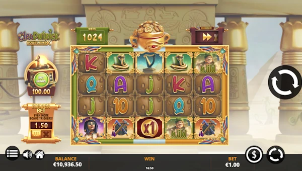 CleoPatrick Doublemax base game screenshot showing reels and features