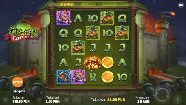 Screenshot of Clover Castle slot demo showing reels and bonus game features