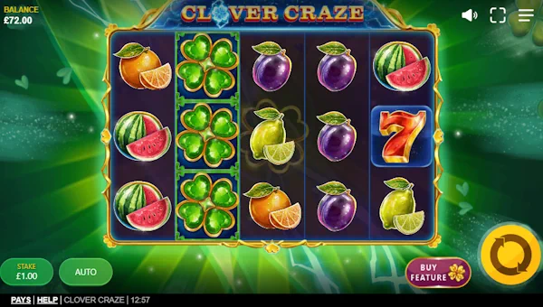 Clover Craze base game screenshot showing reels and features