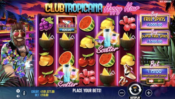 Club Tropicana Happy Hour base game screenshot showing reels and features