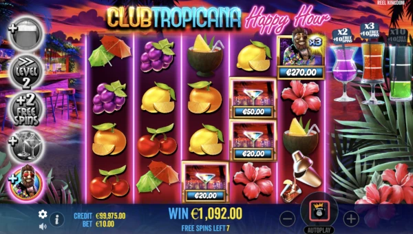 Screenshot of Club Tropicana Happy Hour slot demo showing reels and bonus game features