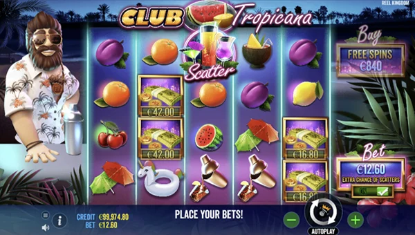 Club Tropicana base game screenshot showing reels and features