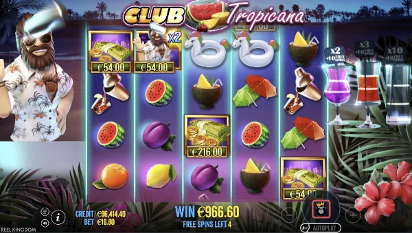 Screenshot of Club Tropicana slot demo showing reels and bonus game features