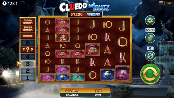Cluedo Mighty Ways base game screenshot showing reels and features
