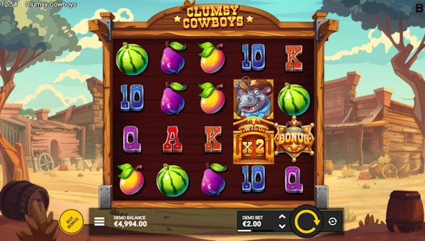 Clumsy Cowboys base game screenshot showing reels and features