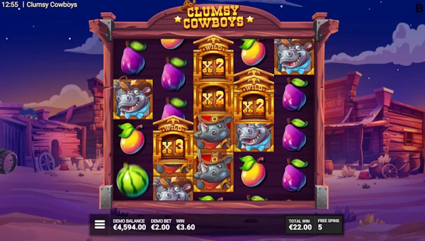 Screenshot of Clumsy Cowboys slot demo showing reels and bonus game features