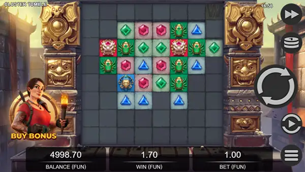 Cluster Tumble base game screenshot showing reels and features
