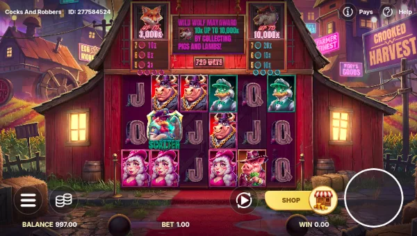 Cocks and Robbers base game screenshot showing reels and features