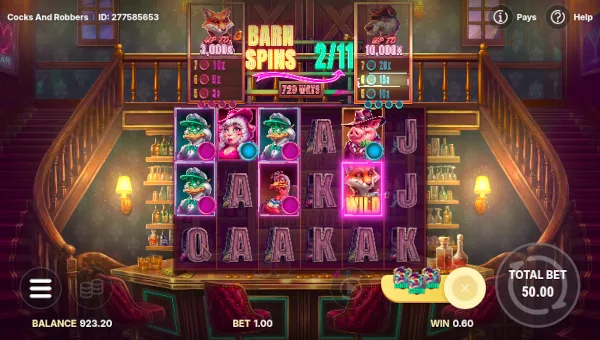 Screenshot of Cocks and Robbers slot demo showing reels and bonus game features