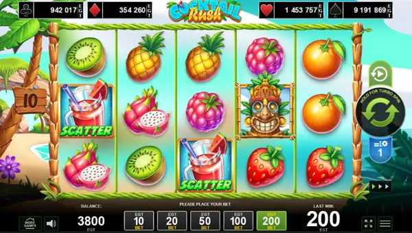 Cocktail Rush base game screenshot showing reels and features