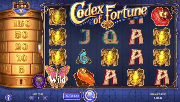 Codex of Fortune base game screenshot showing reels and features