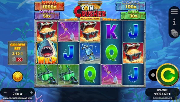 Coin Crusher base game screenshot showing reels and features