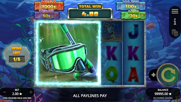 Screenshot of Coin Crusher slot demo showing reels and bonus game features