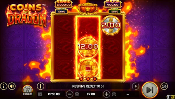 Screenshot of Coins of Dragon slot demo showing reels and bonus game features