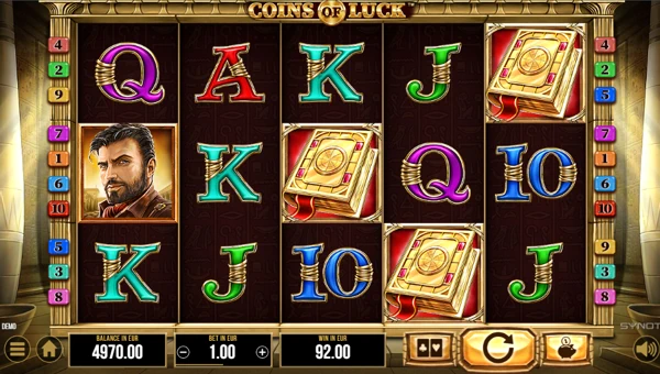 Coins of Luck base game screenshot showing reels and features