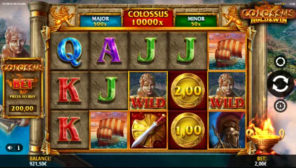 Colossus Hold and Win base game screenshot showing reels and features