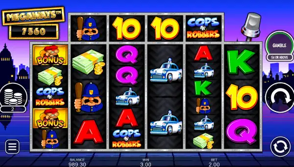 Cops N Robbers Megaways base game screenshot showing reels and features