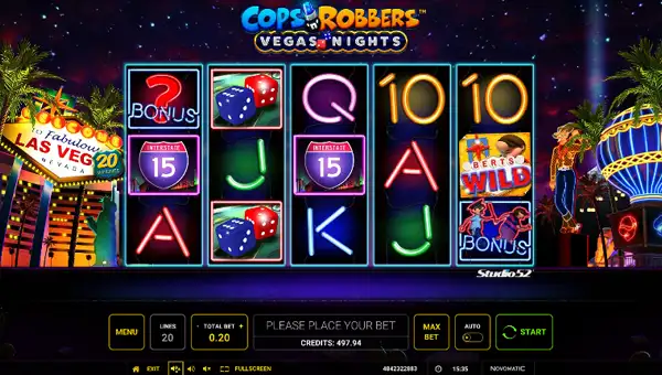 Cops N Robbers Vegas Nights base game screenshot showing reels and features
