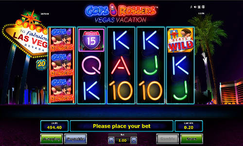 Cops N Robbers Vegas Vacation base game screenshot showing reels and features