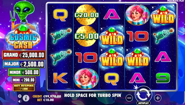 Cosmic Cash base game screenshot showing reels and features
