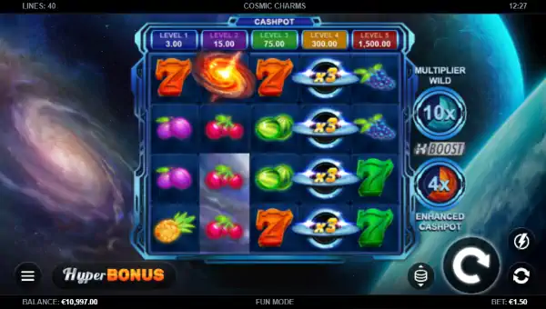 Cosmic Charms base game screenshot showing reels and features