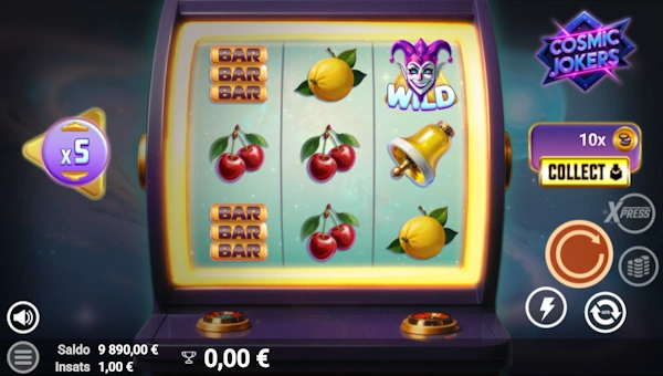 Screenshot of Cosmic Jokers slot demo showing reels and bonus game features