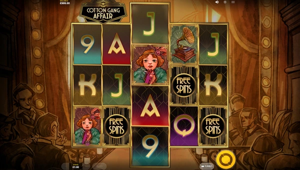 Cotton Gang Affair base game screenshot showing reels and features