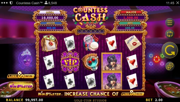 Countess Cash base game screenshot showing reels and features