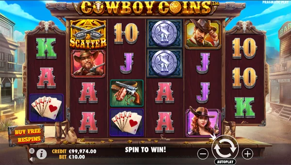 Cowboy Coins base game screenshot showing reels and features
