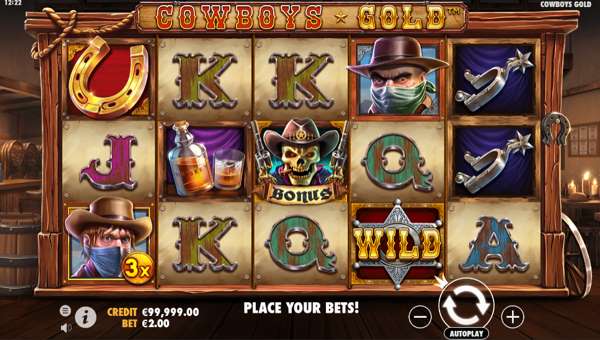 Cowboys Gold base game screenshot showing reels and features