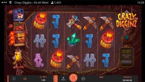 Crazy Digginz Its All Mine base game screenshot showing reels and features
