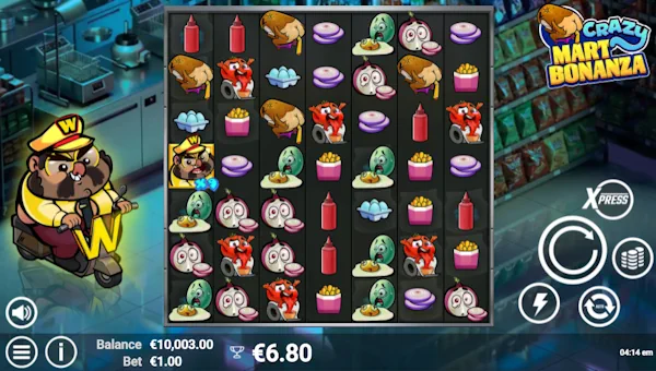 Crazy Mart Bonanza base game screenshot showing reels and features