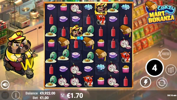 Screenshot of Crazy Mart Bonanza slot demo showing reels and bonus game features