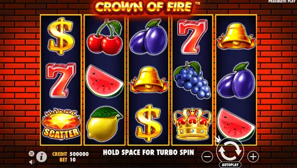 Crown of Fire base game screenshot showing reels and features