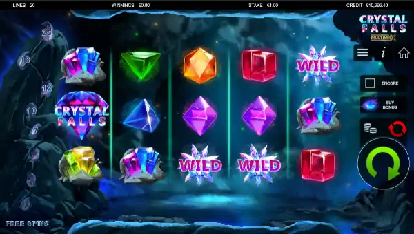 Crystal Falls base game screenshot showing reels and features