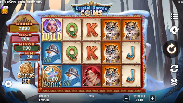 Crystal Queens Coins base game screenshot showing reels and features