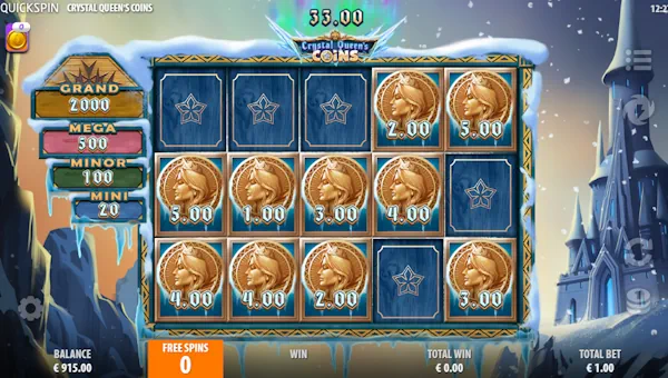 Screenshot of Crystal Queens Coins slot demo showing reels and bonus game features