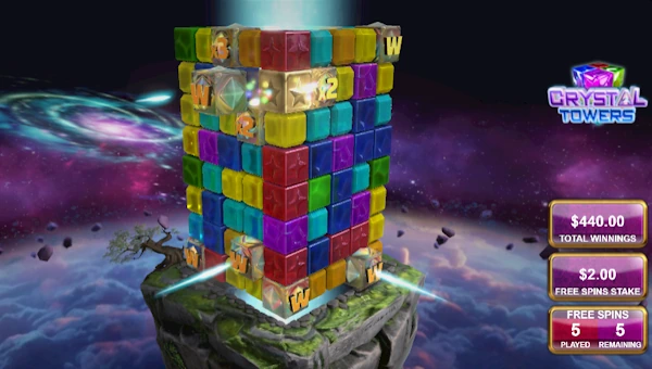 Screenshot of Crystal Towers slot demo showing reels and bonus game features