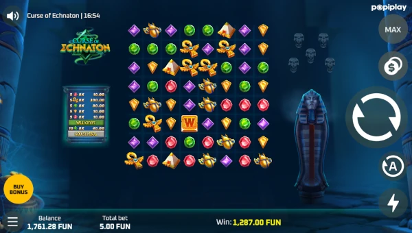 Curse of Echnaton base game screenshot showing reels and features