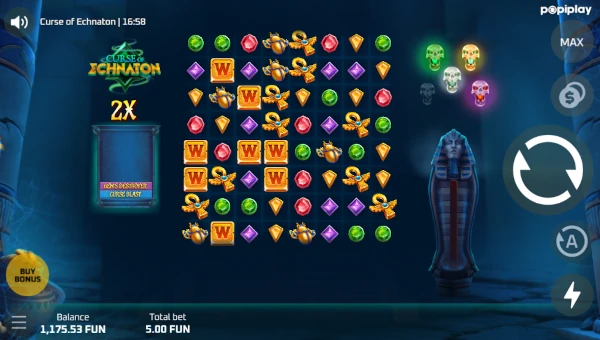 Screenshot of Curse of Echnaton slot demo showing reels and bonus game features