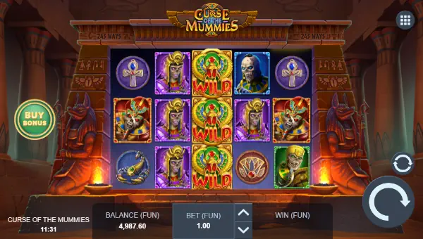 Curse of the Mummies base game screenshot showing reels and features