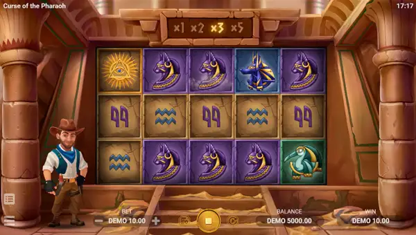 Curse of the Pharaoh base game screenshot showing reels and features