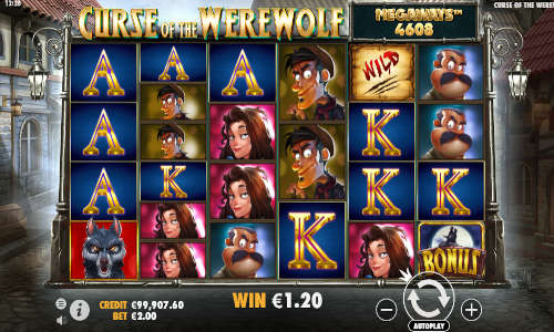 Curse of the Werewolf Megaways base game screenshot showing reels and features